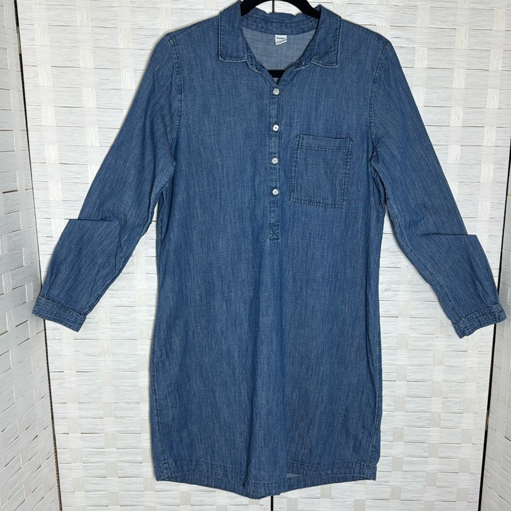 Old‎ Navy Blue Denim Chambray Long Sleeve 1/2 Button Pullover Shirt Dress Sz Med